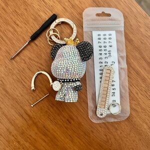 Crystal Embellished Bear Keychain Bag Charm - Gold Accents, Black Ears